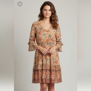 Reba Prairie Boho Floral 3/4 Sleeve Tier V Neck Women's Midi Dress Size L